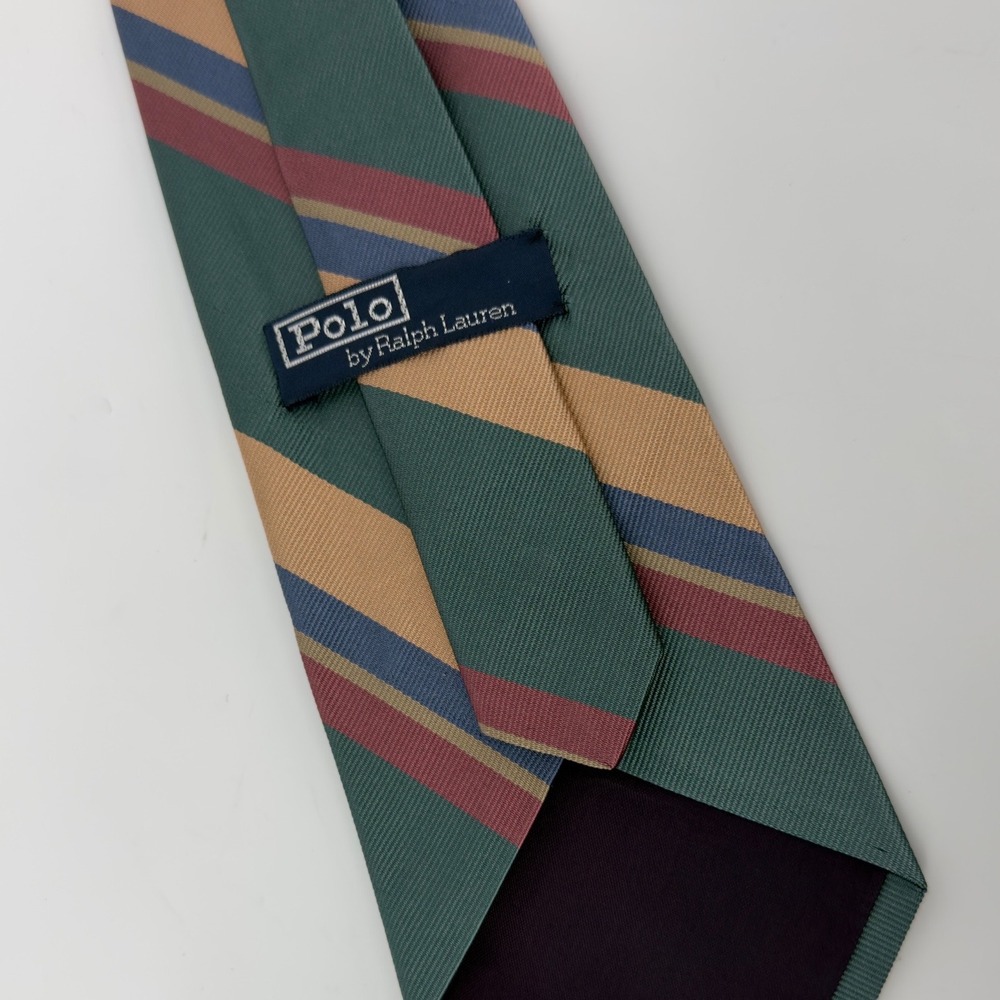 VTG Polo Ralph Lauren Silk Tie Green Tan Red Diagonal Repp Stripe Mens Necktie